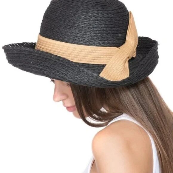 INC International Concepts Straw Bow Kettle Hat Black One Size A001207 - Picture 1 of 3